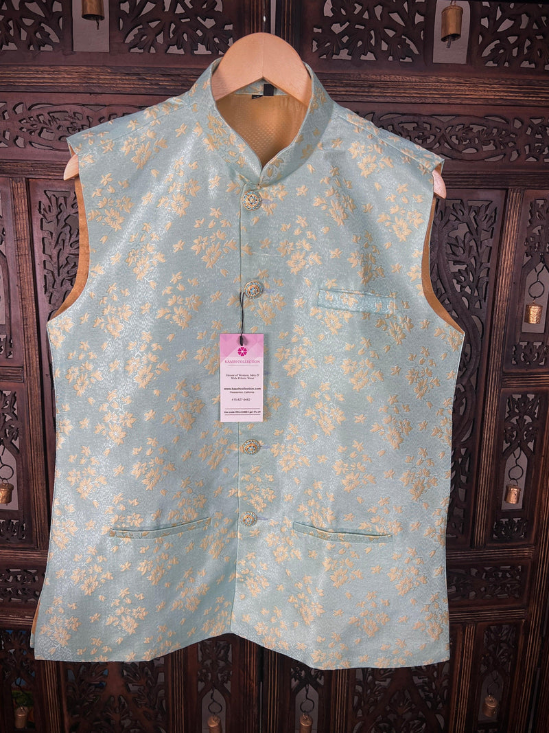 Designer Sea Green Modi Nehru Jacket For Men | Waist Coat | Jacket for Kurta | Gift For Him | Wedding Jackets for Kurta - Kaash Collection