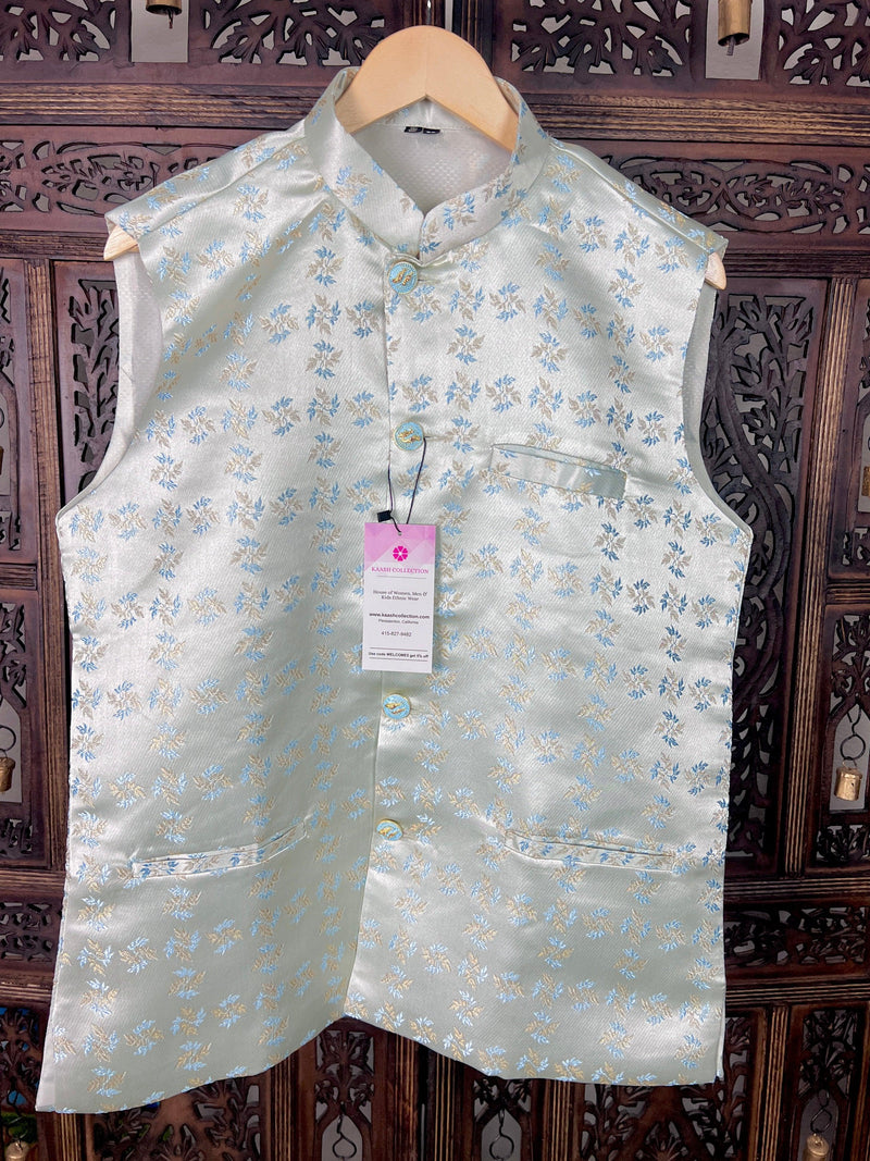 Designer Light Blue Floral Modi Jacket For Men with Embroidery and Weave Work | Jacket for Kurta | Gift For Him | Wedding Jackets for Kurta - Kaash Collection