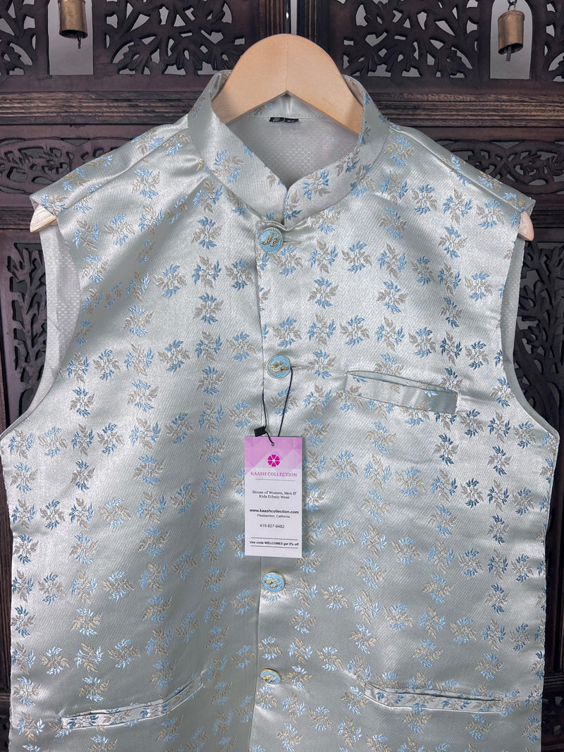 Designer Light Blue Floral Modi Jacket For Men with Embroidery and Weave Work | Jacket for Kurta | Gift For Him | Wedding Jackets for Kurta - Kaash Collection