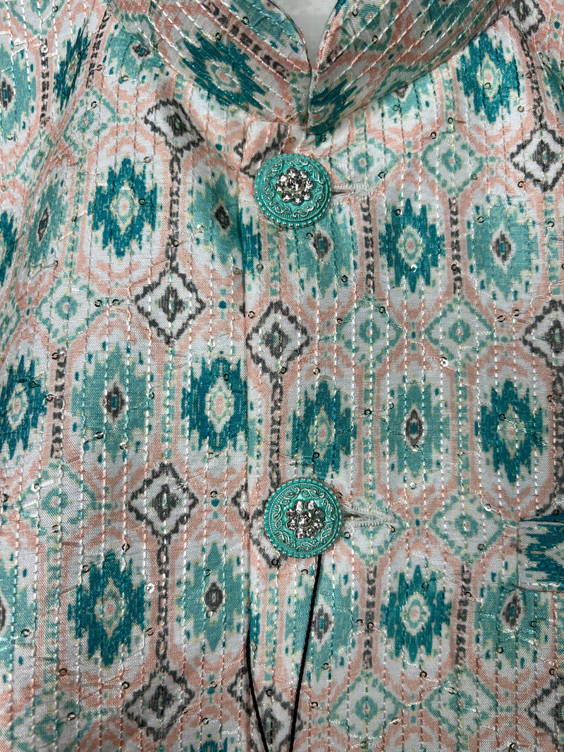 Ikkat Print Designer Multi-Color Soft Silk Jacket with Sequence Work in Teal Green | Jacket for Kurta | Groomsmen Wedding Jacket for Kurta - Kaash Collection