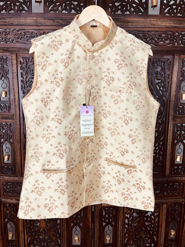 Designer Gold Modi Nehru Jacket For Men | Waist Coat | Jacket for Kurta | Gift For Him | Wedding Jackets for Kurta |  Kaash Collection - Kaash Collection