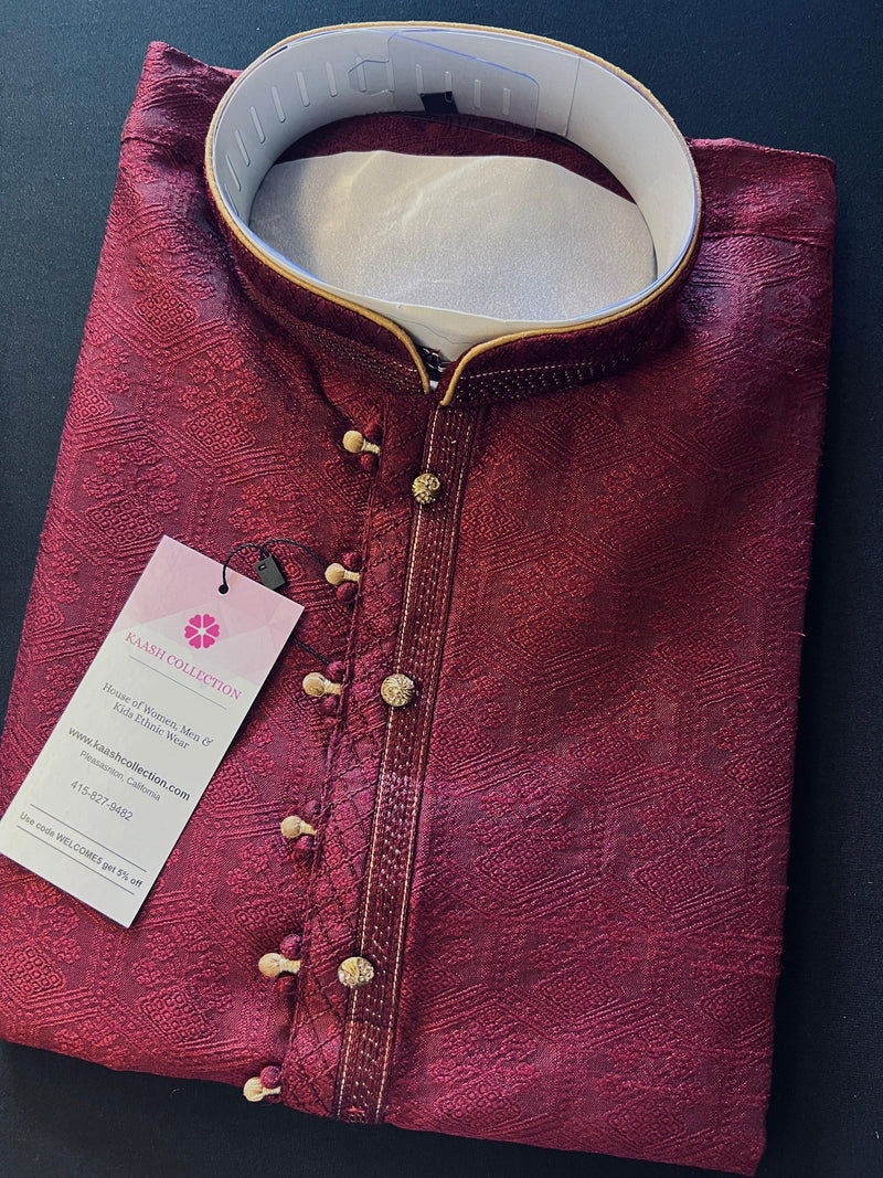 Wine Color Raw Silk Indian Men Kurta Pajama 2pcs Set - Kaash Collection