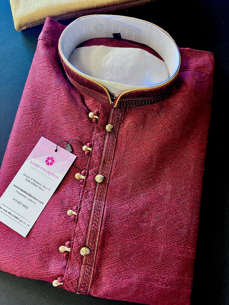 Wine Color Raw Silk Indian Men Kurta Pajama 2pcs Set - Kaash Collection