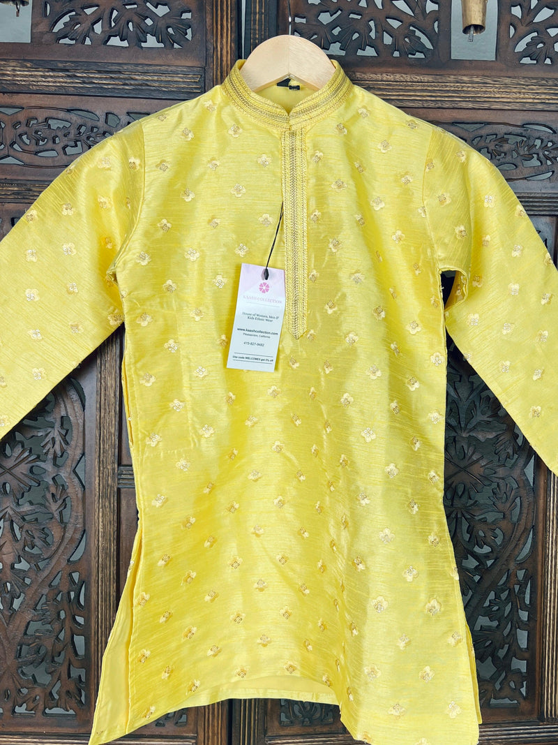 Boys Raw Silk Lime Color Kurta Pajama Set with Embroidery and Sequence Work | Kids Festive Wear | Kids Wear | Boys Ethnic Wear | Kids Wear - Kaash Collection
