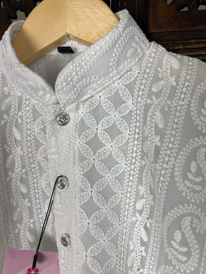 White Kurta Pajama for Boys in Georgette Material with Lucknowi Chikankari Work - Kaash Collection