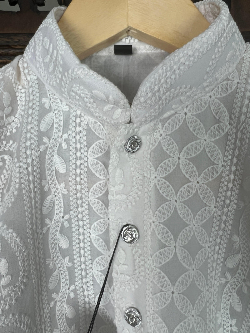 White Kurta Pajama for Boys in Georgette Material with Lucknowi Chikankari Work - Kaash Collection