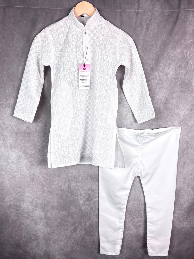 White Kurta Pajama for Boys in Georgette Material with Lucknowi Chikankari Work - Kaash Collection