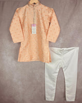 Boys Raw Silk Peach Kurta Pajama Set with Embroidery and Sequence Work | Kids Festive Wear | Kids Wear | Boys Ethnic Wear | Kids Wear - Kaash Collection
