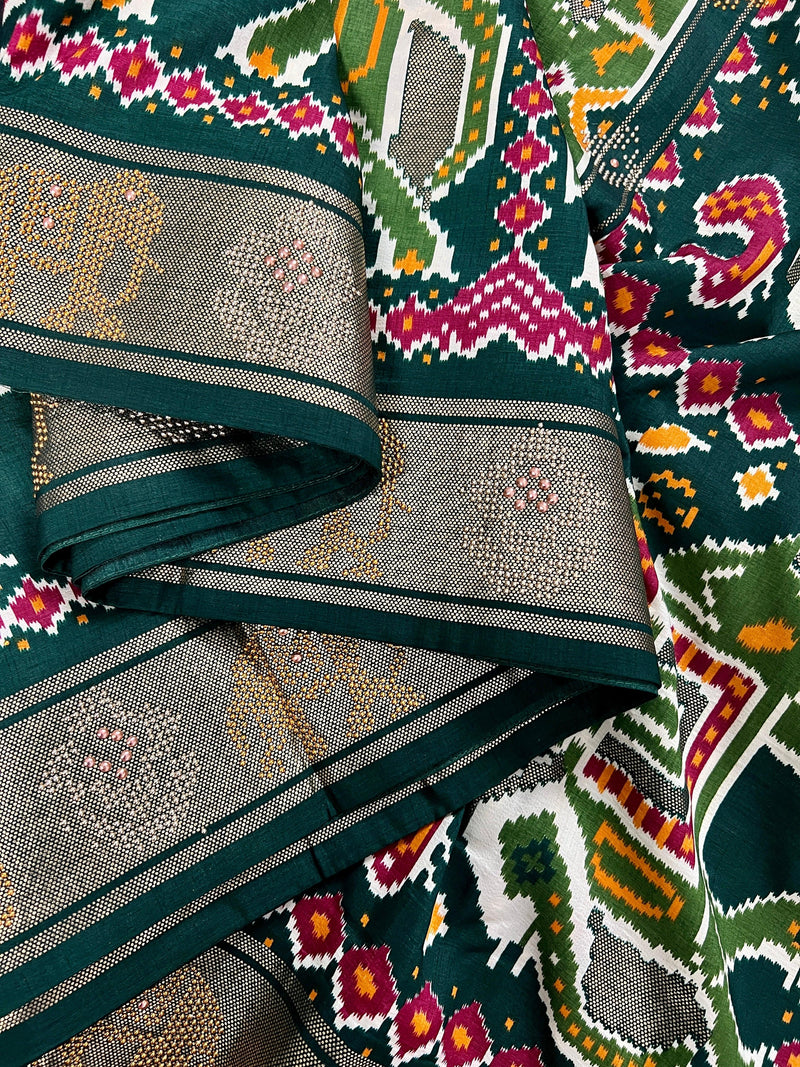 Bottle Green Soft Silk Saree with Patola Design in Printed Lehariya Patola design with Elephant Motifs - Kaash Collection