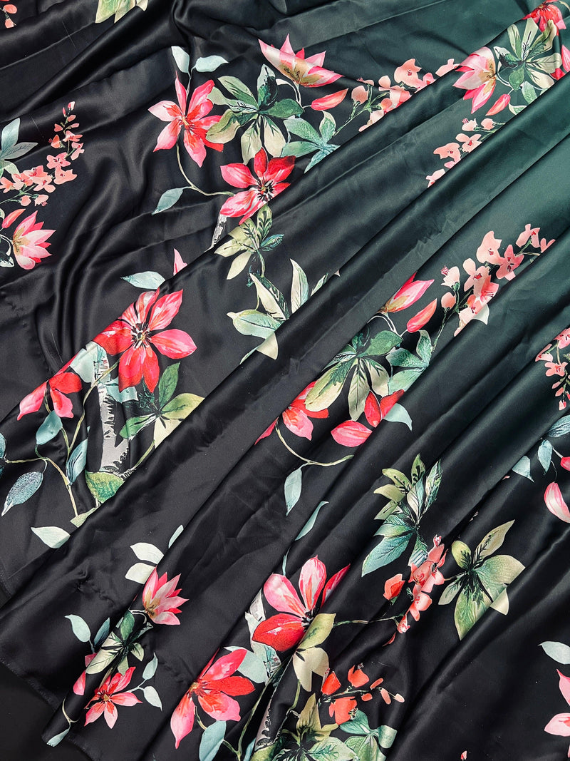Floral Bottle Green and Black half n half Saree with Floral Prints in Japanese Satin Silk Material | Gift For Her - Kaash Collection