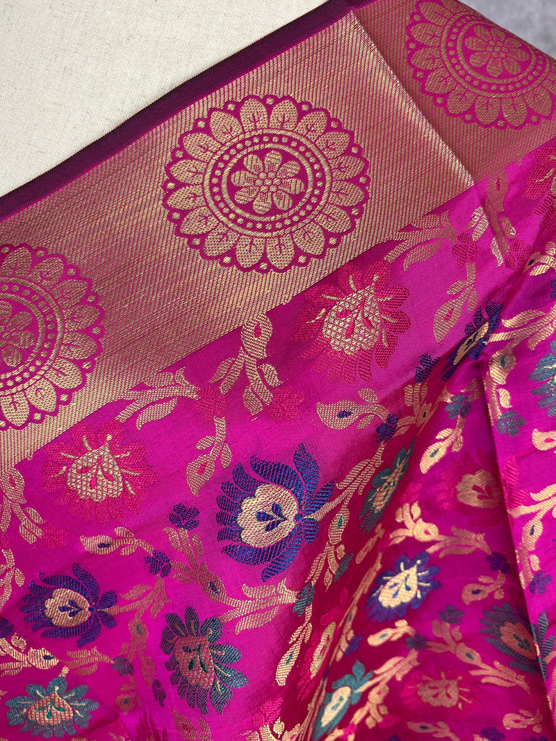 Magenta Pink Banarasi Silk Dupatta with Muted Gold Zari Weaving in Floral Pattern and Meenakari Work Dupatta | Gift For Her | Dupattas USA - Kaash Collection