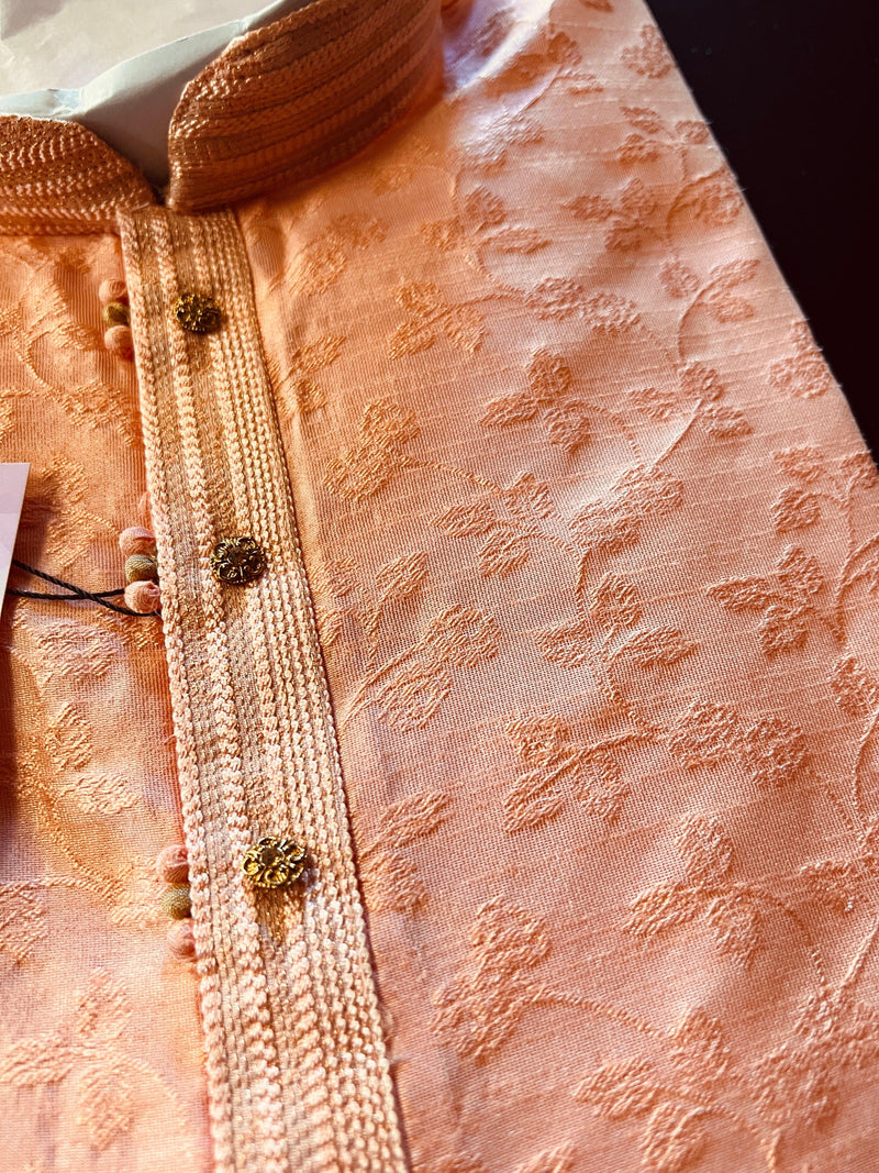 Peach Raw Silk Indian Men Kurta Pajama 2pcs Set - Kaash Collection