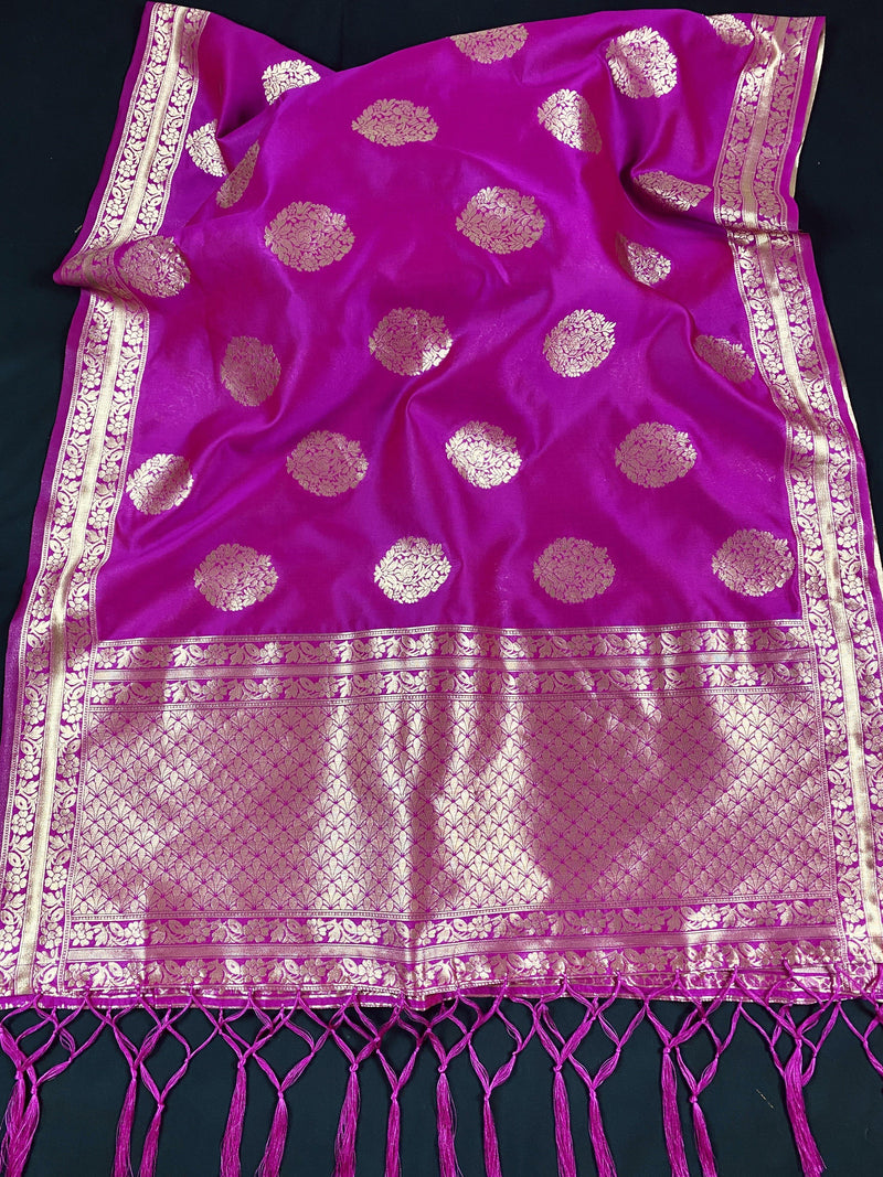 Hot Pink Silk Dupatta with Gold Zari Weaving | Indian Full Size Dupatta | Chunri | Stole | Scarf | Gift For Her | Kaash Collection - Kaash Collection