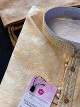 Beige Floral Self embroidered Kurta Pajama for Men - Kaash Collection