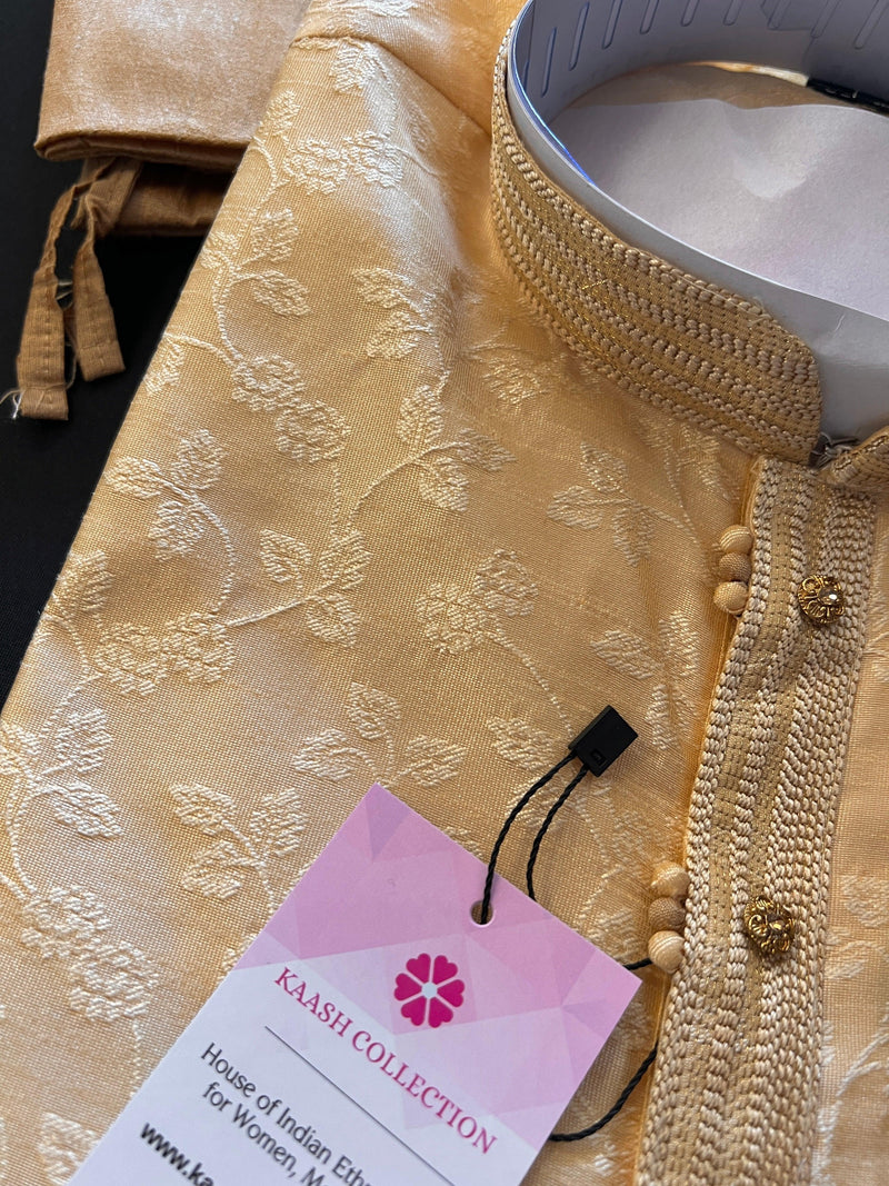 Beige Gold Floral Self embroidered Kurta Pajama for Men - Kaash Collection