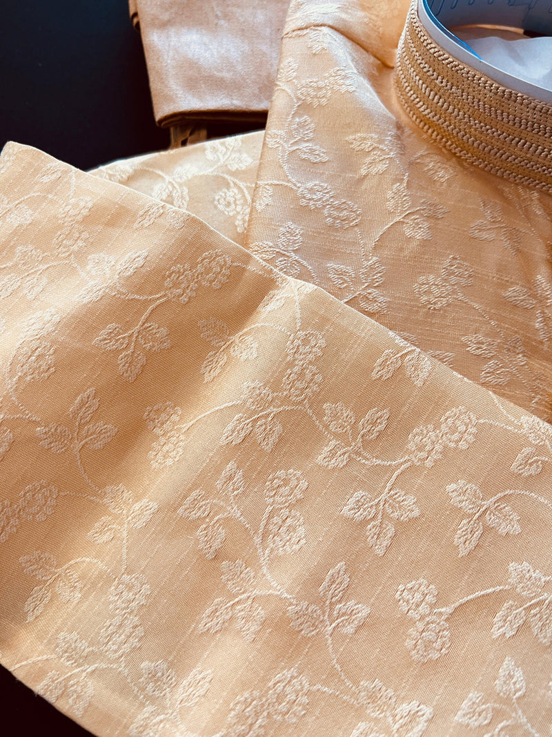 Beige Gold Floral Self embroidered Kurta Pajama for Men - Kaash Collection