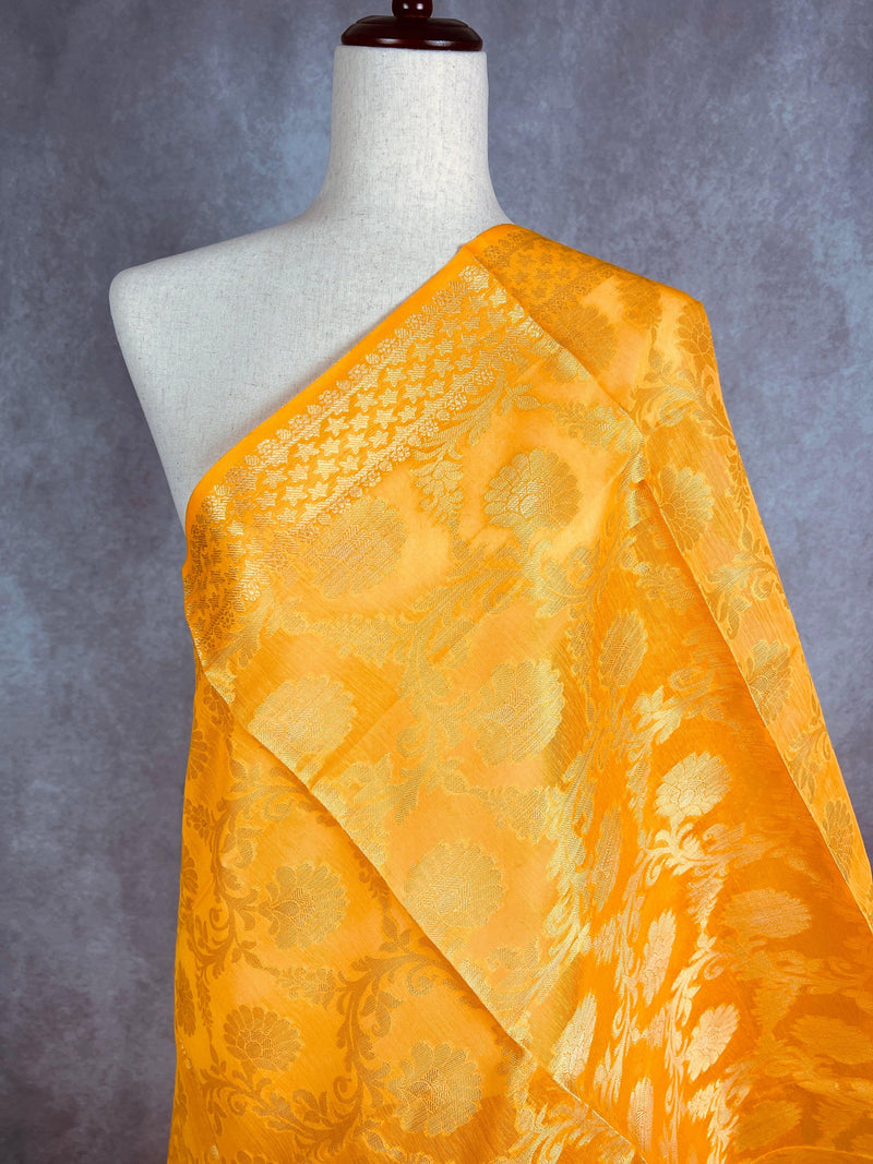 Turmeric Yellow Color Benarasi Handwoven Semi Silk Dupatta with Muted Gold Zari Weaving | Dupatta | Stole | Scarf | Dupattas for Wedding - Kaash Collection