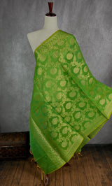Green Color Benarasi Handwoven Semi Silk Dupatta with Muted Gold Zari Weaving | Dupatta | Stole | Scarf | Dupattas for Wedding - Kaash Collection