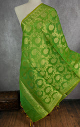 Green Color Benarasi Handwoven Semi Silk Dupatta with Muted Gold Zari Weaving | Dupatta | Stole | Scarf | Dupattas for Wedding - Kaash Collection