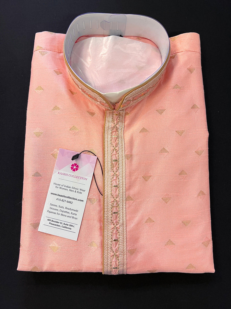 Readymade Pink Color Men Kurta Pajama Set with designer pattern in Raw Silk with lining | Festival and Wedding Mens Wear | Kaash Kurta - Kaash Collection