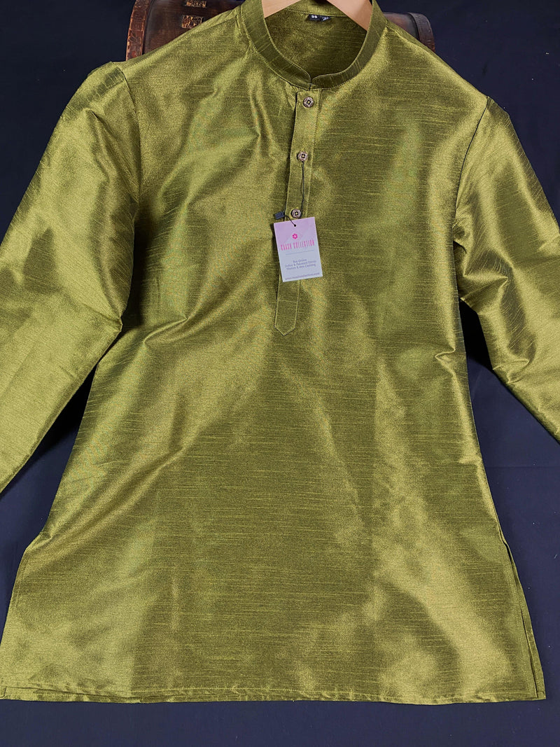 Mehandi Green Color Raw Silk Indian Men Short Kurta | Mens Ethnic Wear | Indian Men Clothing | Kurta Only | Short Kurta | Kaash Collection - Kaash Collection