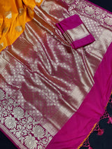 Orange with Pink Traditional Banarasi Handloom Saree with Peach Borders | Banarasi Soft Silk Saree | Kaash Collection - Kaash Collection