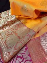 Orange with Pink Traditional Banarasi Handloom Saree with Peach Borders | Banarasi Soft Silk Saree | Kaash Collection - Kaash Collection