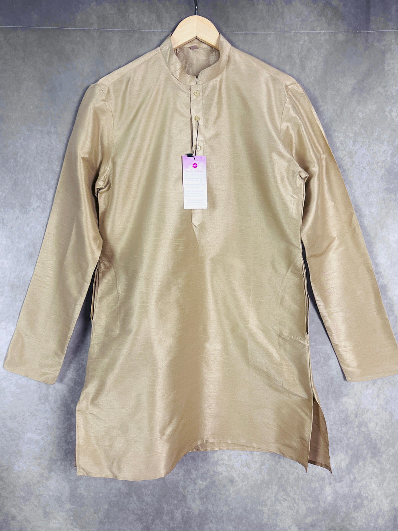 Light Gold Color Raw Silk Indian Men Short Kurta - Kaash Collection