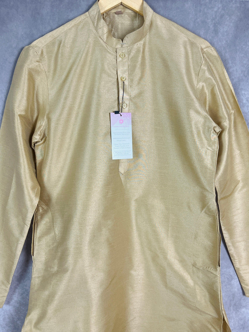Light Gold Color Raw Silk Indian Men Short Kurta - Kaash Collection