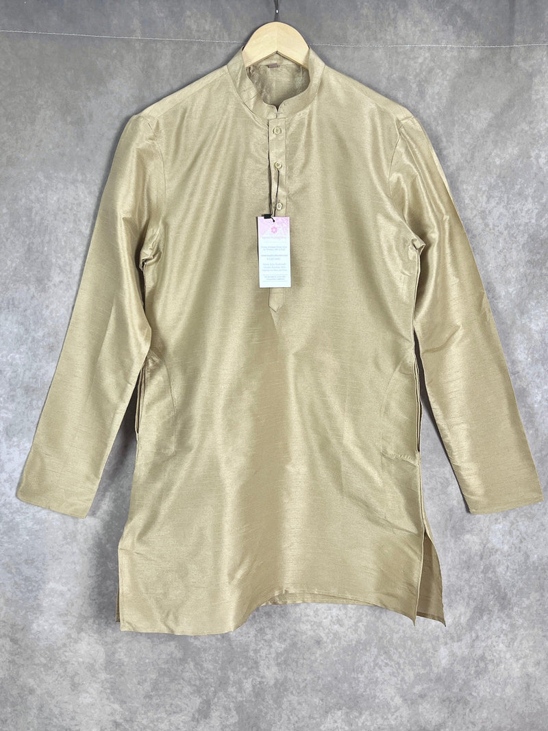 Light Gold Color Raw Silk Indian Men Short Kurta - Kaash Collection