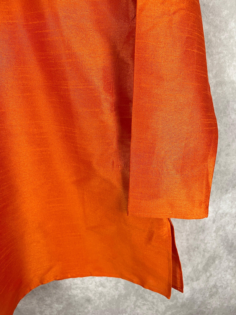 Orange Color Raw Silk Indian Men Short Kurta - Kaash Collection