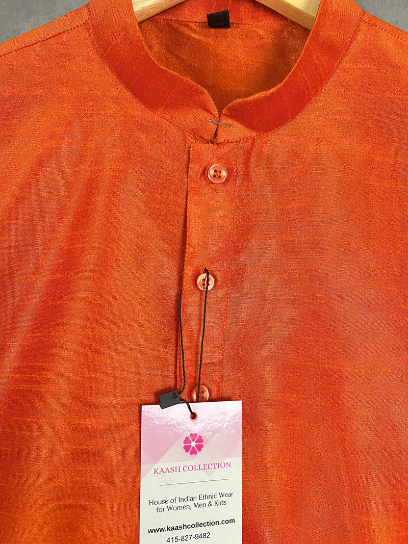 Orange Color Raw Silk Indian Men Short Kurta - Kaash Collection