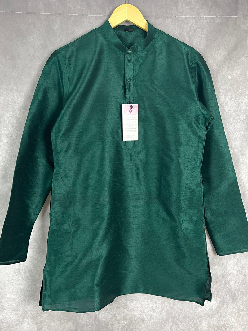 Bottle Green Color Raw Silk Indian Men Short Kurta - Kaash Collection