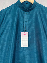 Teal Blue Color Raw Silk Indian Men Short Kurta - Kaash Collection