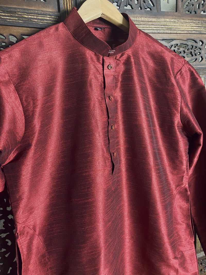Wine Color Raw Silk Indian Men Short Kurta | Mens Ethnic Wear | Kurta Only | Short Kurta | Kaash Collection - Kaash Collection