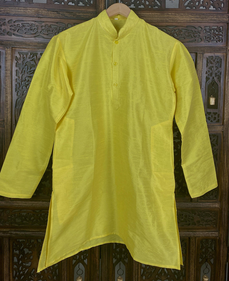 Bright Lemon Yellow Color Raw Silk Indian Men Short Kurta | Mens Ethnic Wear | Kurta Only | Short Kurta | Kaash Collection - Kaash Collection