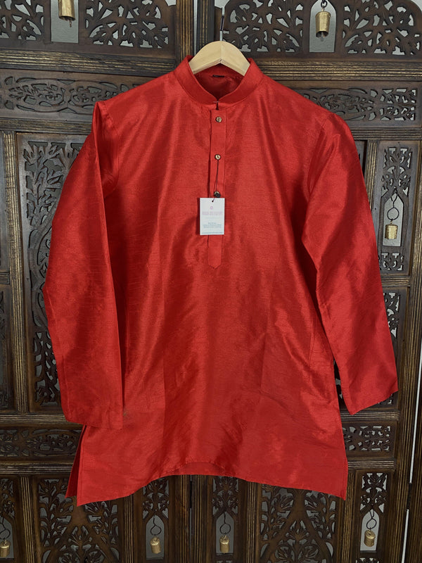 Bright Red Color Raw Silk Indian Men Short Kurta | Mens Ethnic Wear | Kurta Only | Short Kurta | Kaash Collection - Kaash Collection