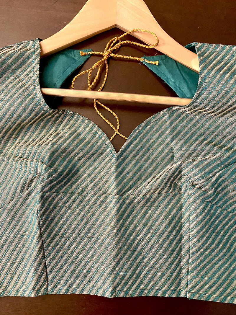 Readymade Princess Cut Green Banarasi Silk Woven Blouse - Kaash Collection