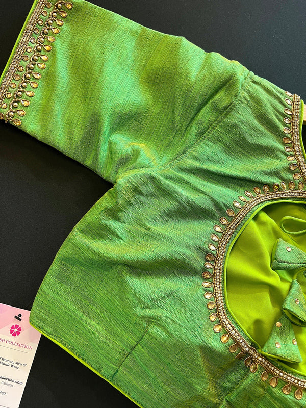 Parrot Green Color Raw Silk Ready to Wear Blouse | Handwork Blouses | Padded Blouse | Size - 36 | Readymade Saree Blouses | Kaash Collection - Kaash Collection