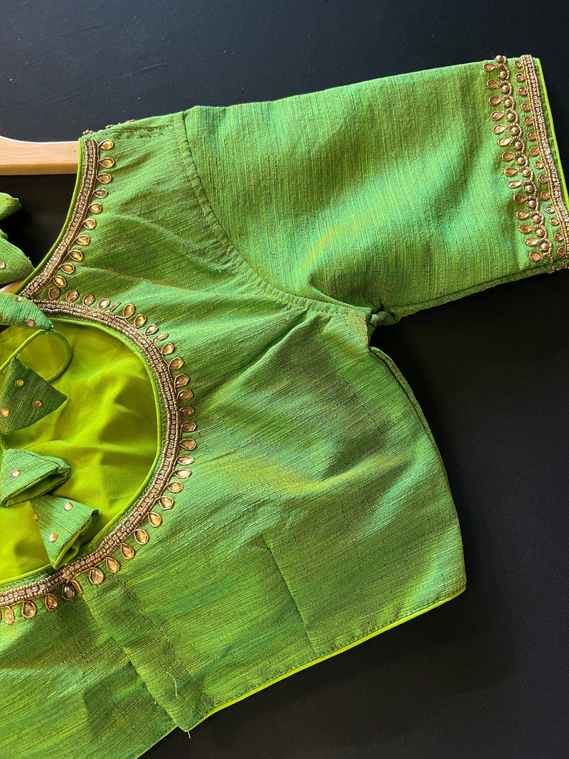 Parrot Green Color Raw Silk Ready to Wear Blouse | Handwork Blouses | Padded Blouse | Size - 36 | Readymade Saree Blouses | Kaash Collection - Kaash Collection