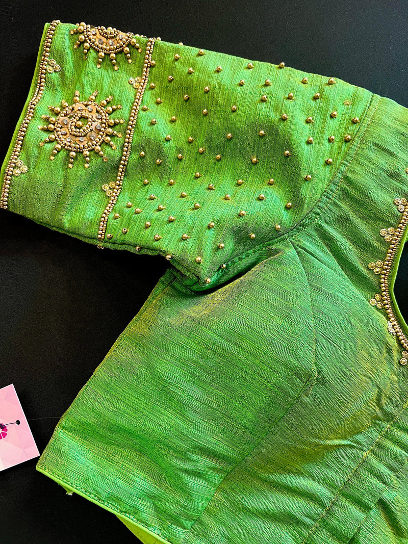 Parrot Green Raw Silk Ready to Wear Blouse | Handwork Blouses | Padded Blouse | Size - 36 | Readymade Saree Blouses | Kaash Readymade blouses - Kaash Collection