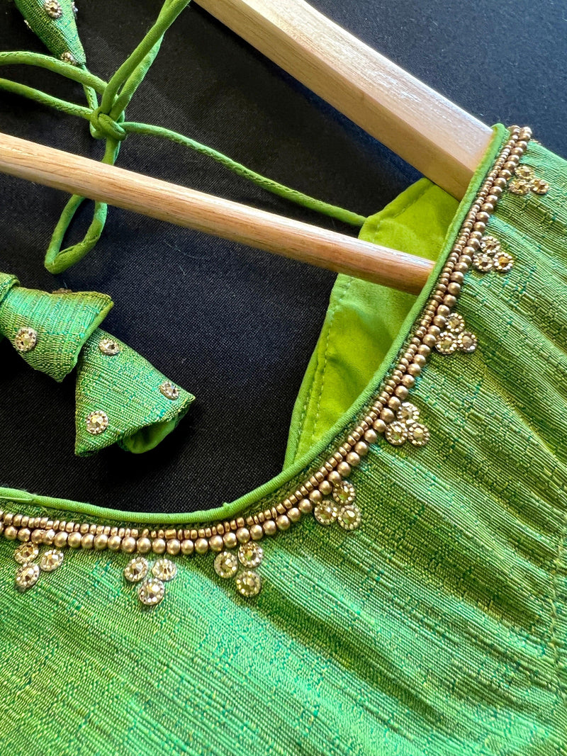 Parrot Green Raw Silk Ready to Wear Blouse | Handwork Blouses | Padded Blouse | Size - 36 | Readymade Saree Blouses | Kaash Readymade blouses - Kaash Collection