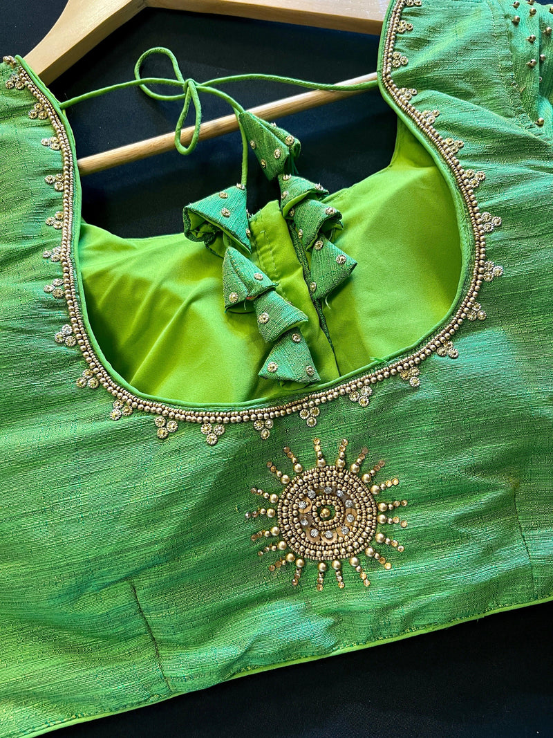 Parrot Green Raw Silk Ready to Wear Blouse | Handwork Blouses | Padded Blouse | Size - 36 | Readymade Saree Blouses | Kaash Readymade blouses - Kaash Collection