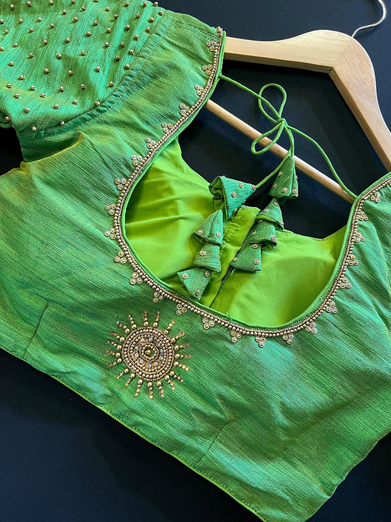 Parrot Green Raw Silk Ready to Wear Blouse | Handwork Blouses | Padded Blouse | Size - 36 | Readymade Saree Blouses | Kaash Readymade blouses - Kaash Collection