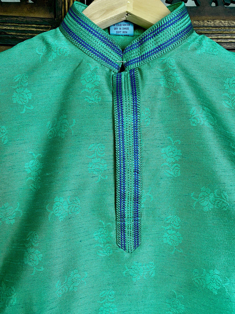 Raw Silk Green with Blue combination Boys Kurta Pajama with Floral Design | Kids Wear | Boys Ethnic Wear | Kaash Collection - Kaash Collection