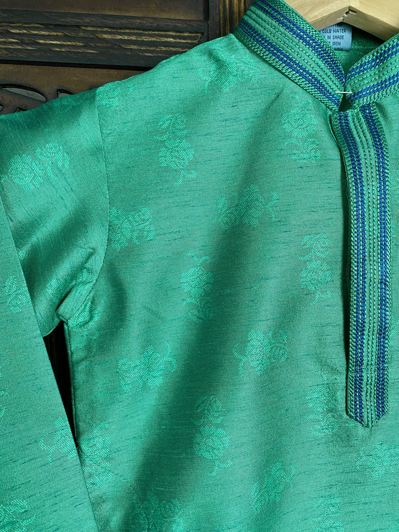 Raw Silk Green with Blue combination Boys Kurta Pajama with Floral Design | Kids Wear | Boys Ethnic Wear | Kaash Collection - Kaash Collection
