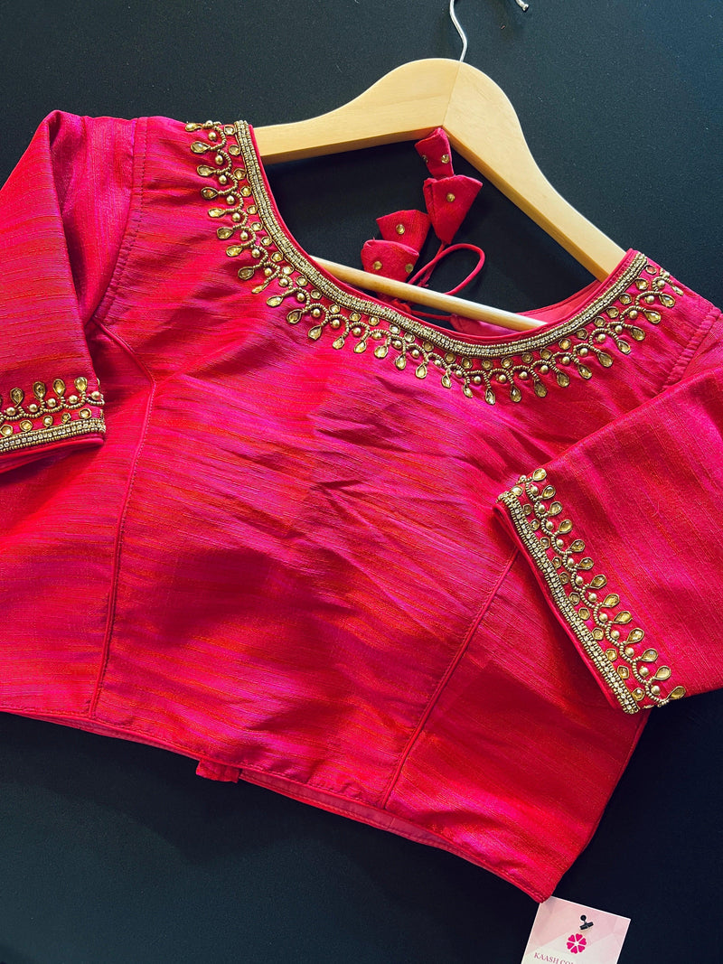 Hot Pink with tint of Orange Raw Silk Ready to Wear Blouse | Padded Blouse | Size - 36 | Readymade Saree Blouses | Kaash Collection - Kaash Collection