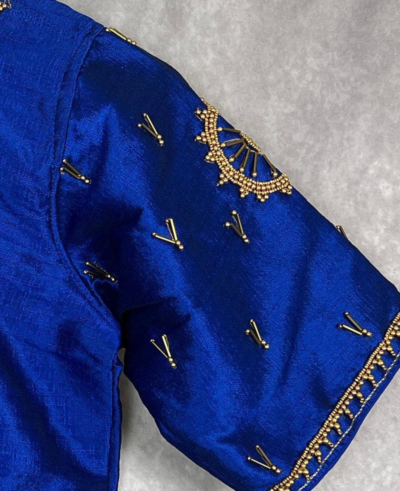 Royal Blue Raw Silk Ready to Wear Blouse | Handwork Blouses | Padded Blouse | Size - 36 | Readymade Saree Blouses | Kaash Blouses - Kaash Collection