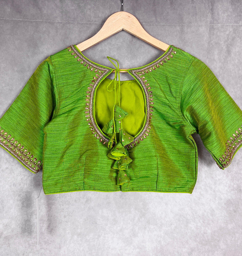 Parrot Green Color Raw Silk Ready to Wear Blouse | Handwork Blouses | Padded Blouse | Size - 36 | Readymade Saree Blouses | Kaash Collection - Kaash Collection