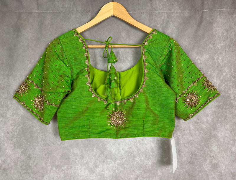 Parrot Green Raw Silk Ready to Wear Blouse | Handwork Blouses | Padded Blouse | Size - 36 | Readymade Saree Blouses | Kaash Readymade blouses - Kaash Collection